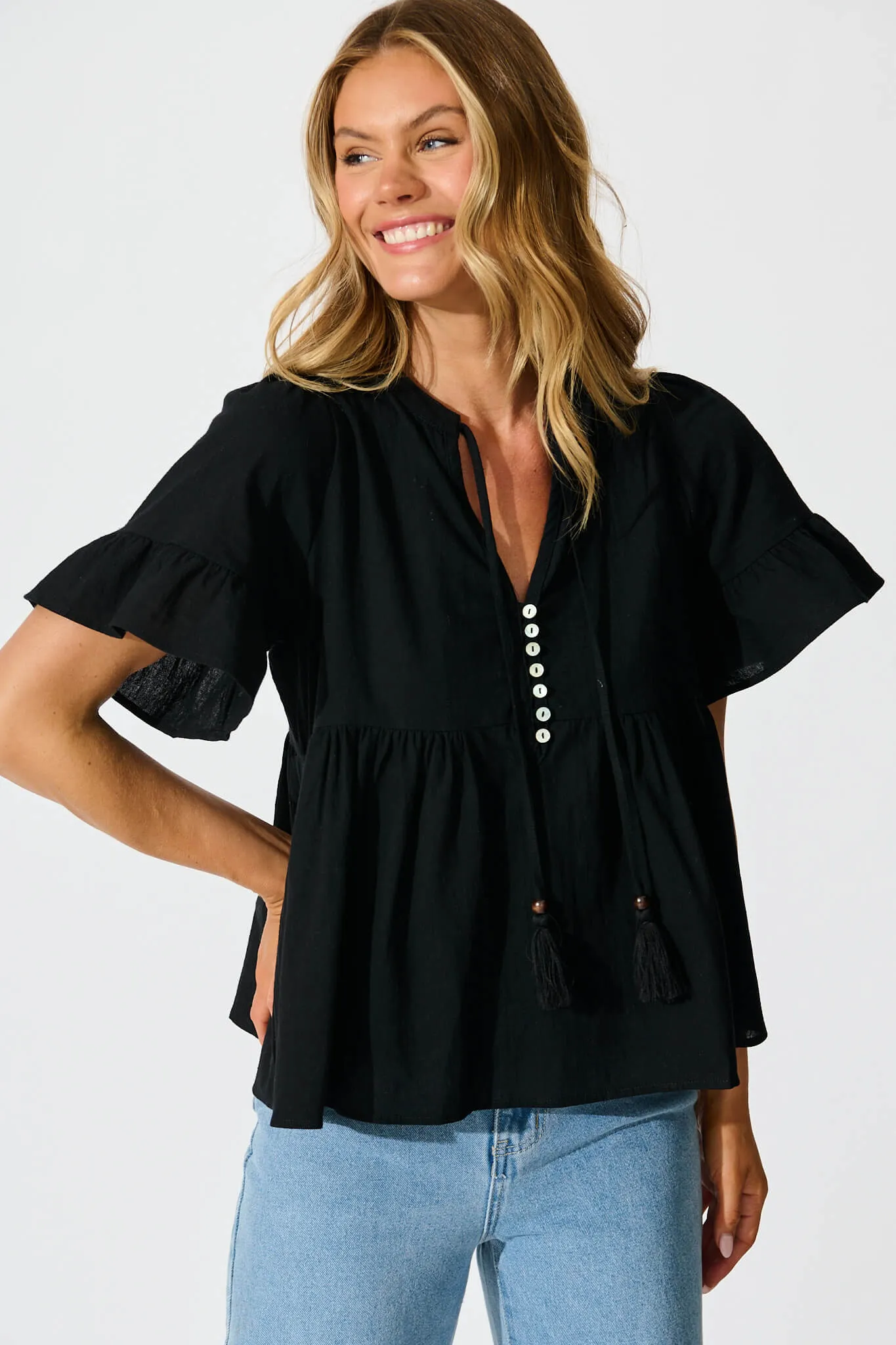 Orla Top in Black Cotton Linen sold by St Frock