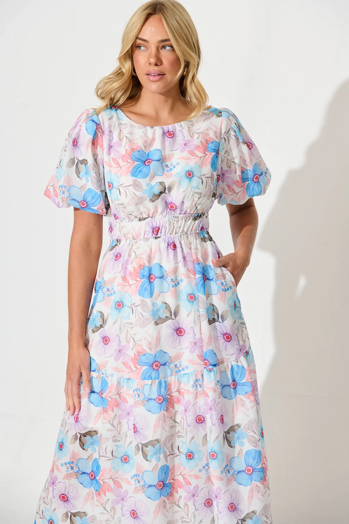 Stargazer Midi Dress in Multi Blue Floral Cotton Blend sold by St Frock product image thumbnail 2