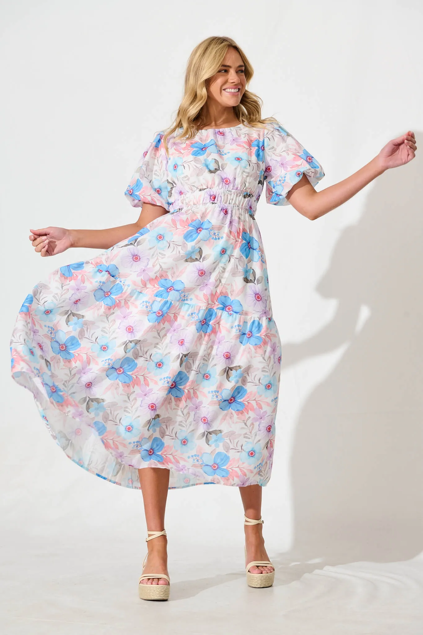 Stargazer Midi Dress in Multi Blue Floral Cotton Blend sold by St Frock