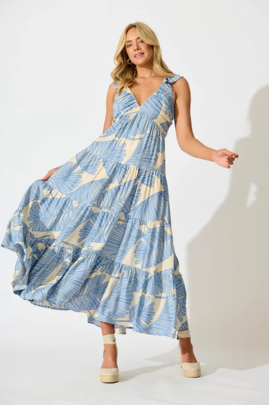 Monroe Maxi Sundress In Cream with Blue Leaf sold by St Frock
