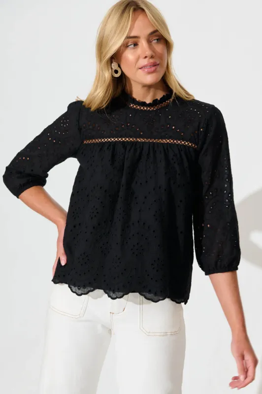 Donia Top In Black Embroidery Cotton sold by St Frock