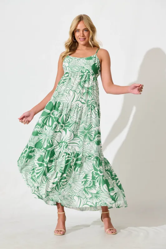 Marlaine Maxi Sundress in White With Green Print sold by St Frock