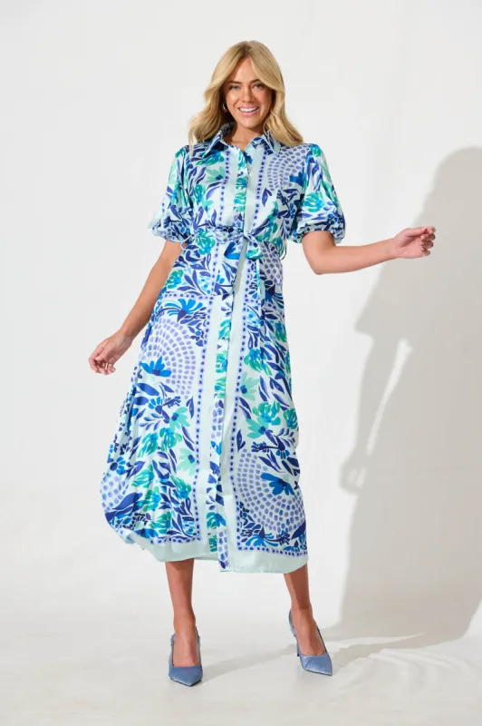 Gabriela Maxi Shirt Dress In Aqua with Blue Print Satin sold by St Frock