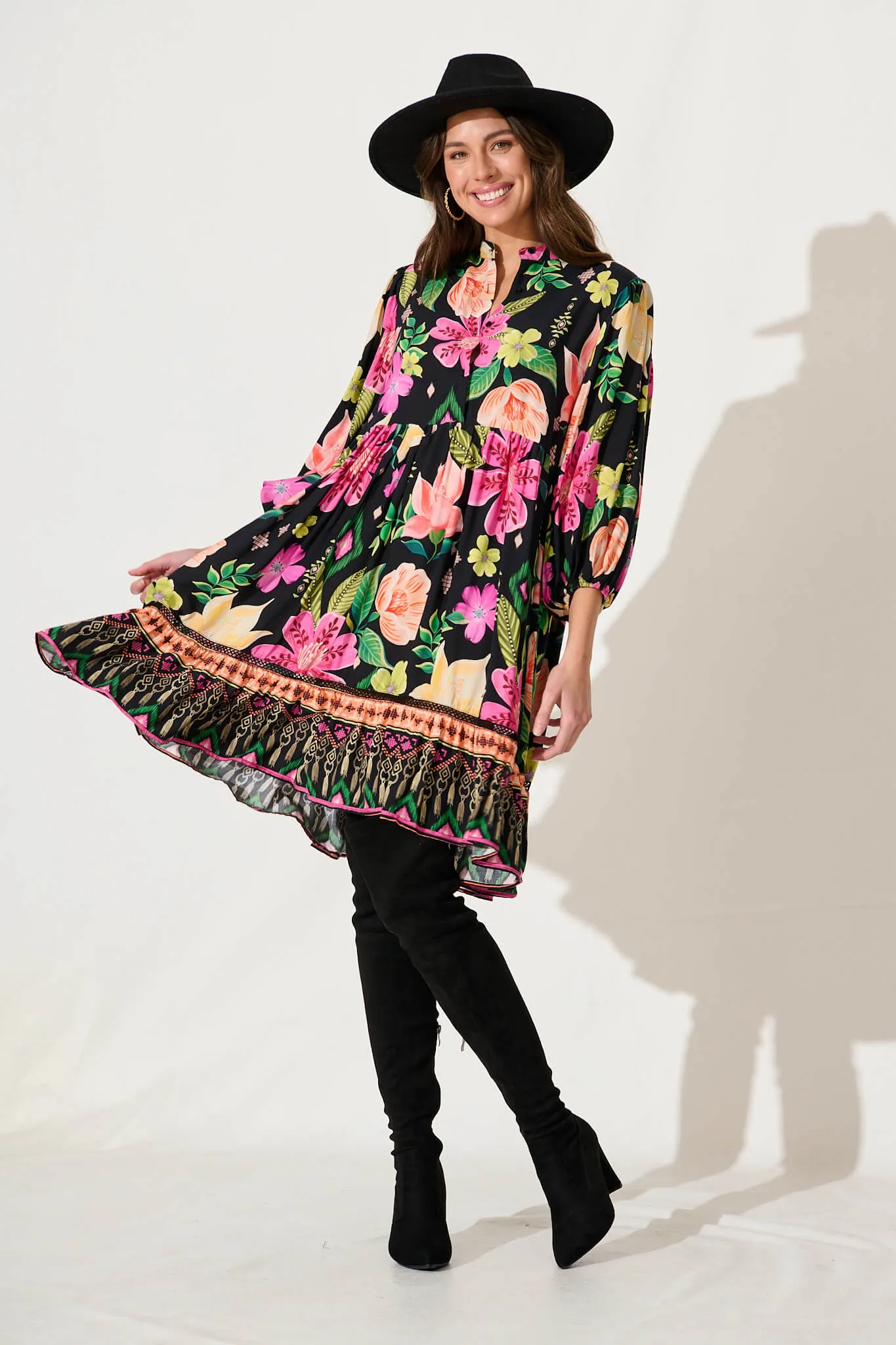 Mimi Smock Dress In Black With Bright Multi Floral sold by St Frock