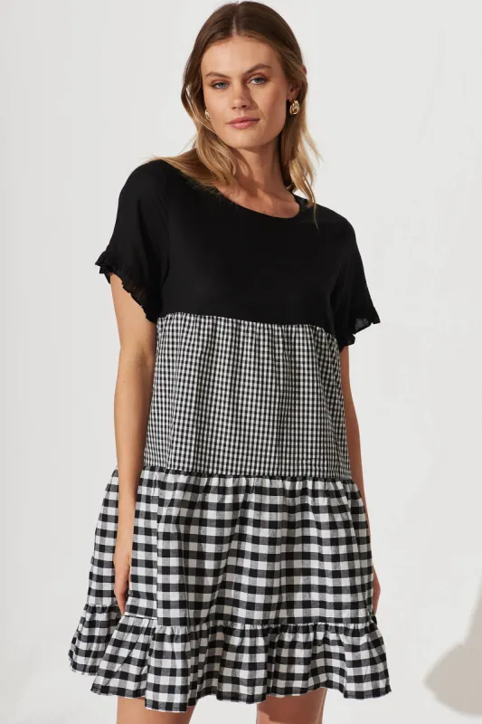 Krystin Smock Dress In Black And White Gingham Linen Blend sold by St Frock
