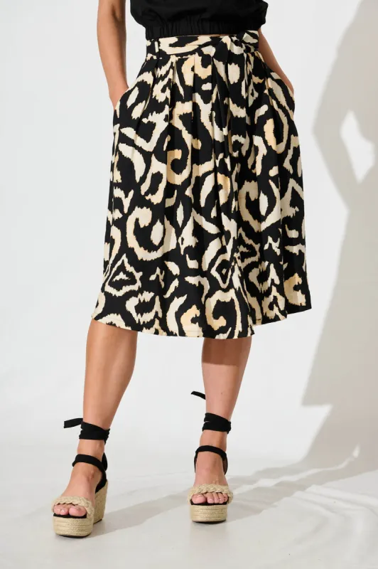Bailey Midi Skirt In Black With Cream Abstract sold by St Frock