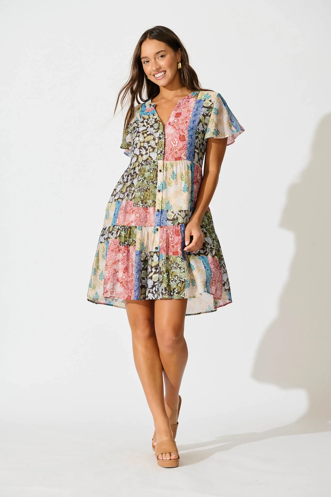 Adeline Shirt Dress In Multi Patchwork Print sold by St Frock