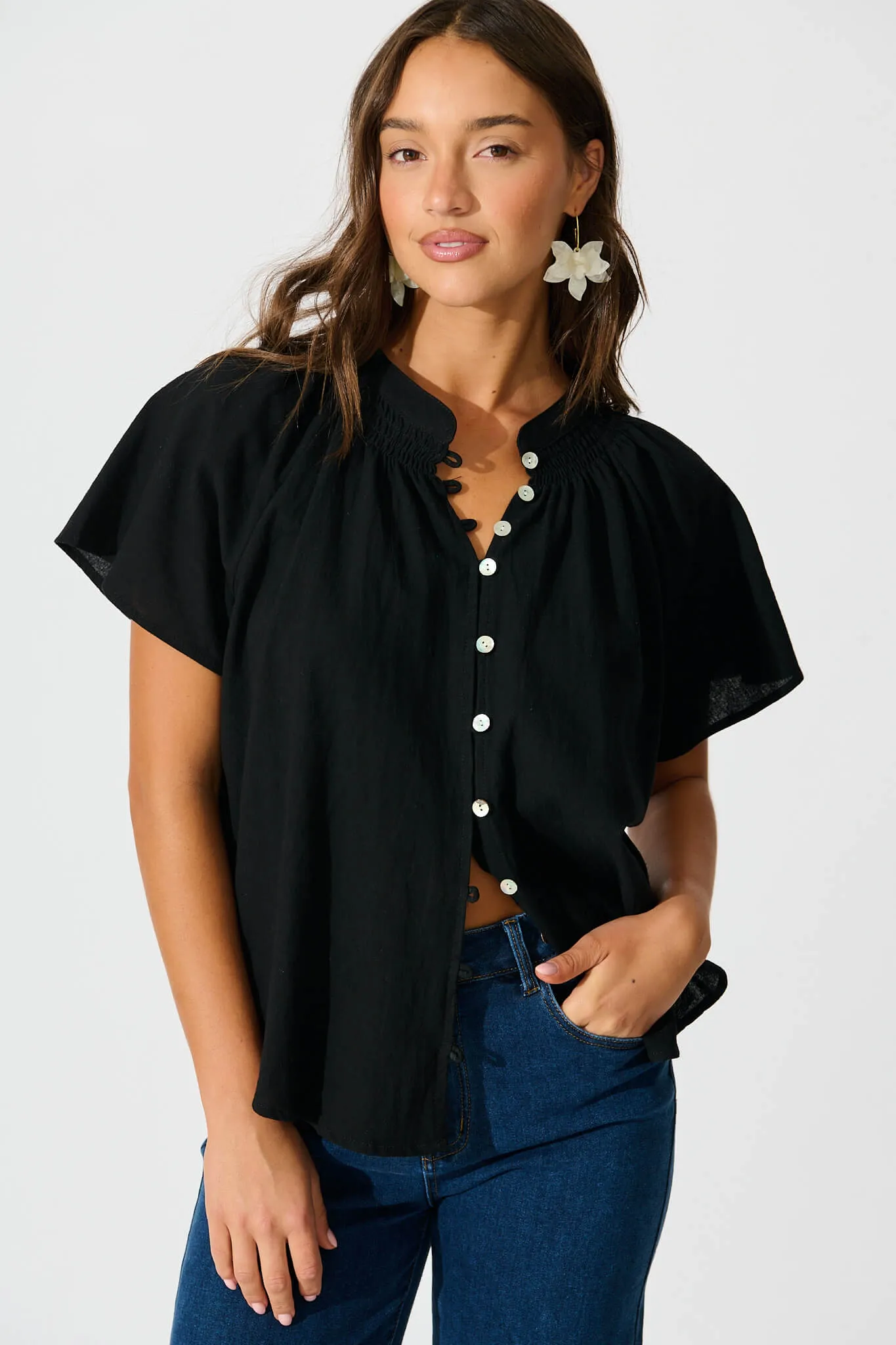 Lombard Top in Black Cotton Linen sold by St Frock