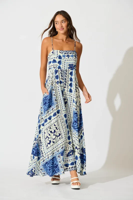 Camryn Maxi Sundress In Cream and Navy Tile Print sold by St Frock