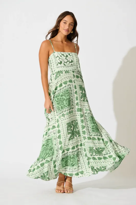 Camryn Maxi Sundress In Cream and Green Tile Print sold by St Frock