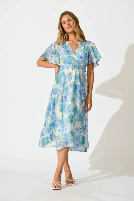 Amara Midi Dress in Blue Floral sold by St Frock