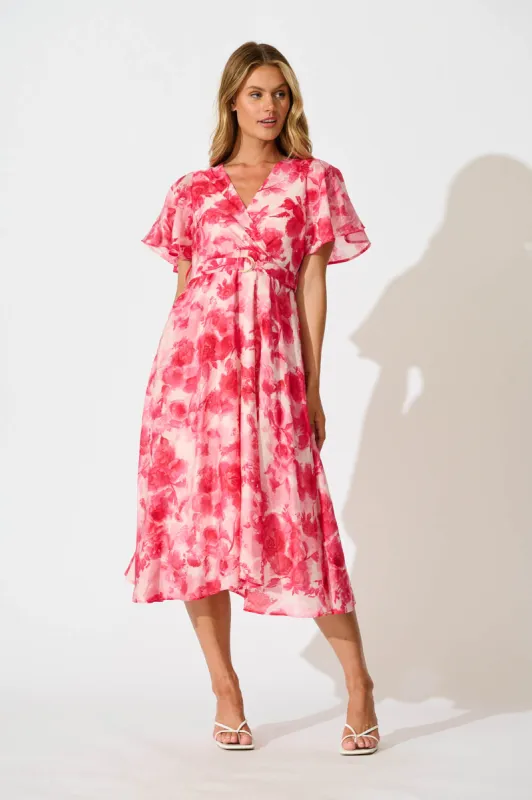 Amara Midi Dress in Pink Floral sold by St Frock