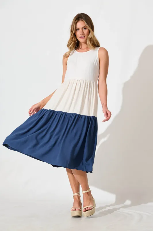 Cecily Midi Dress In Navy Colourblock Linen Blend sold by St Frock