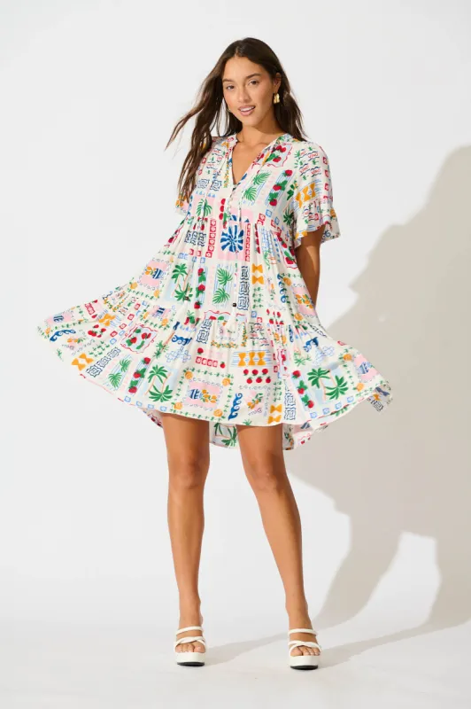 Northcote Smock Dress In White Multi Print sold by St Frock