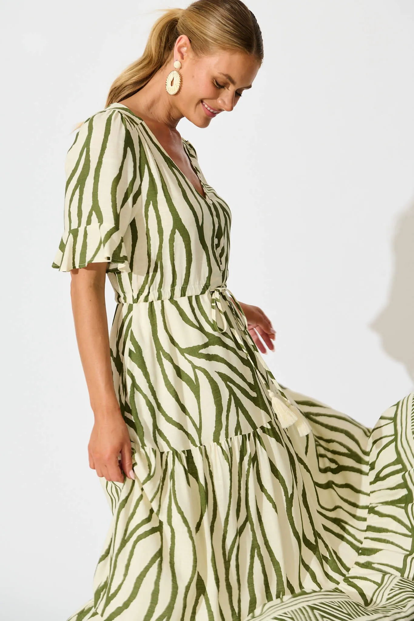 Ibiza Maxi Dress in Cream with Khaki Linen Blend sold by St Frock product image thumbnail 2