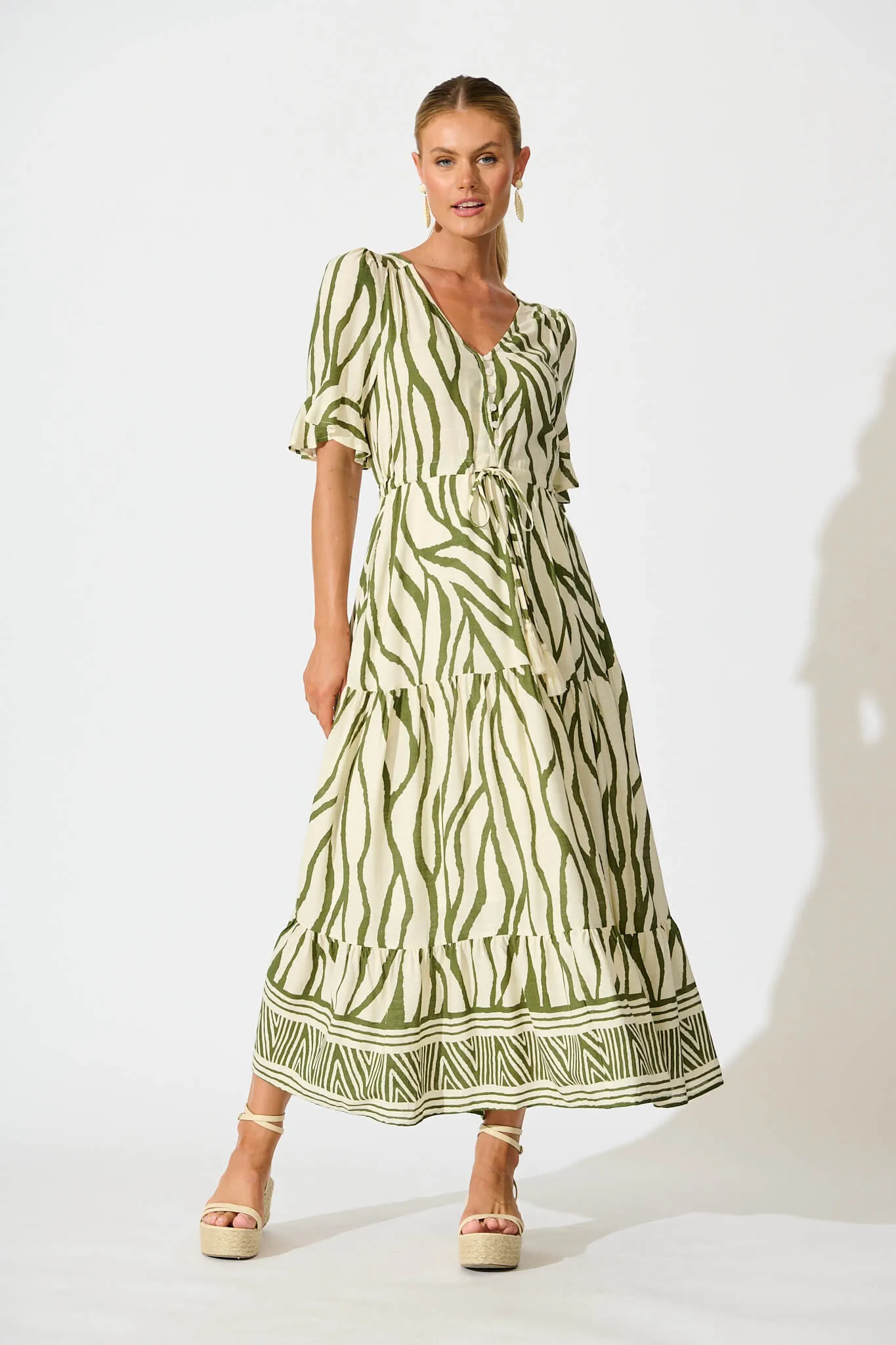 Ibiza Maxi Dress in Cream with Khaki Linen Blend sold by St Frock