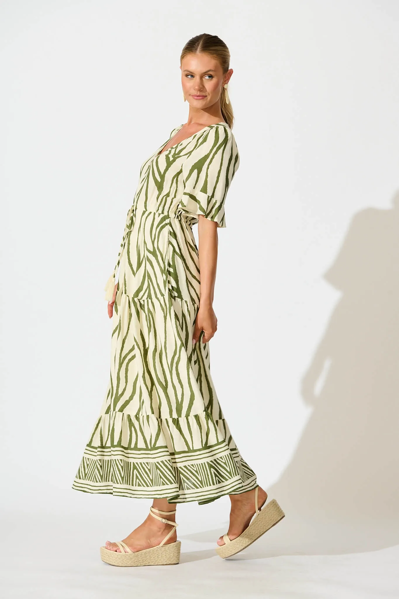 Ibiza Maxi Dress in Cream with Khaki Linen Blend sold by St Frock product image thumbnail 3