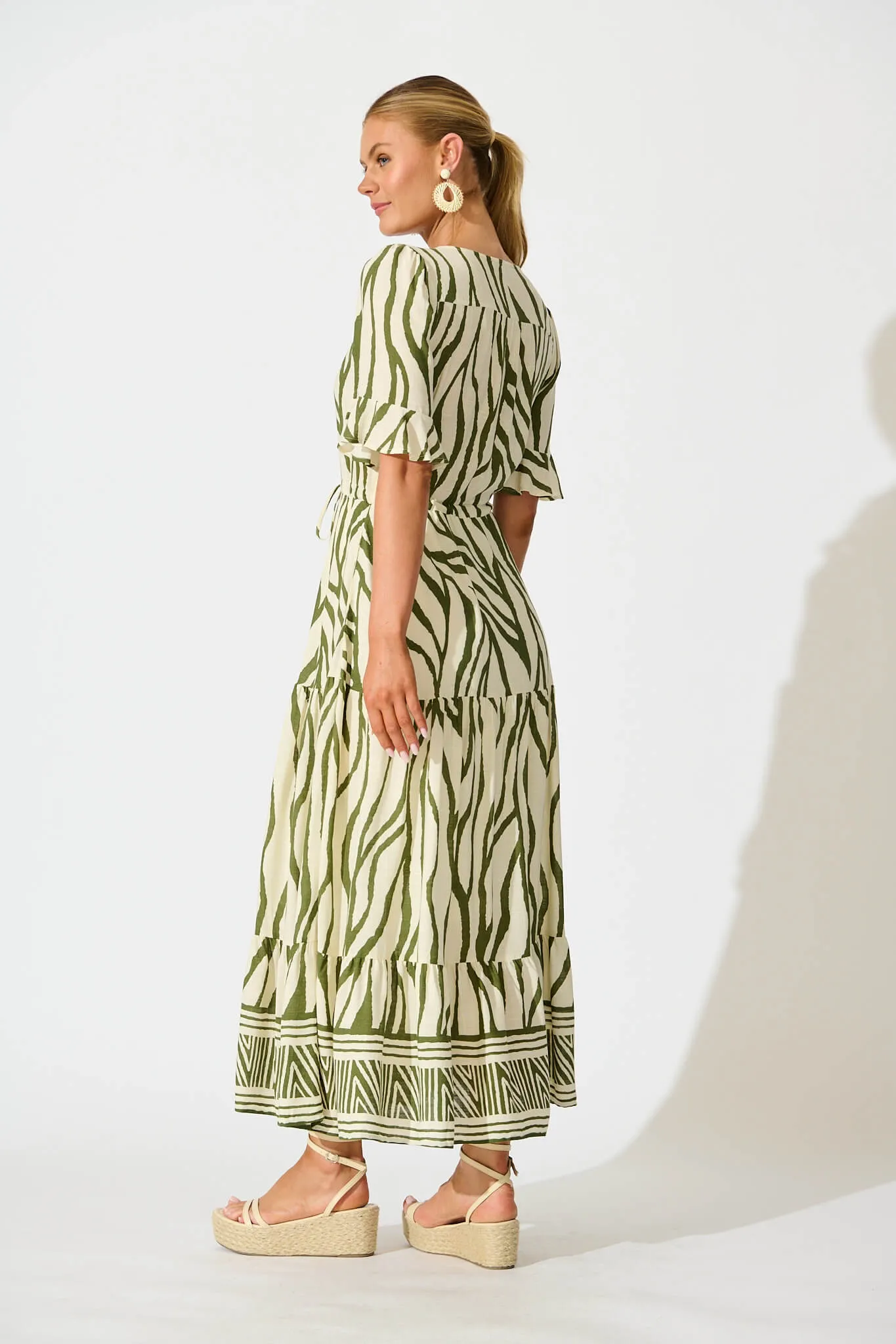 Ibiza Maxi Dress in Cream with Khaki Linen Blend sold by St Frock product image thumbnail 4