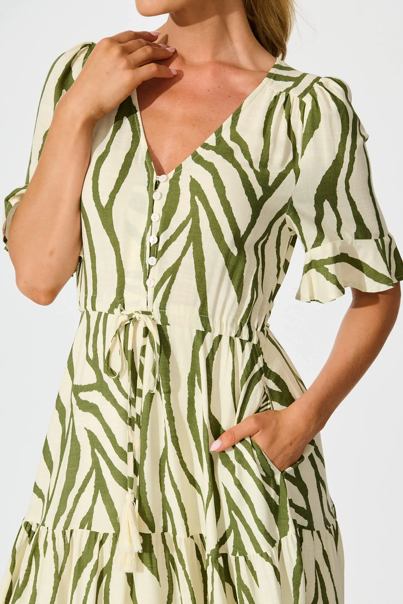 Ibiza Maxi Dress in Cream with Khaki Linen Blend sold by St Frock product image thumbnail 5