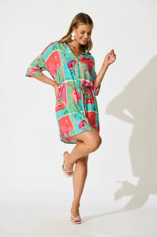 Raya Shirt Dress in Multi with Green Patchwork Print sold by St Frock