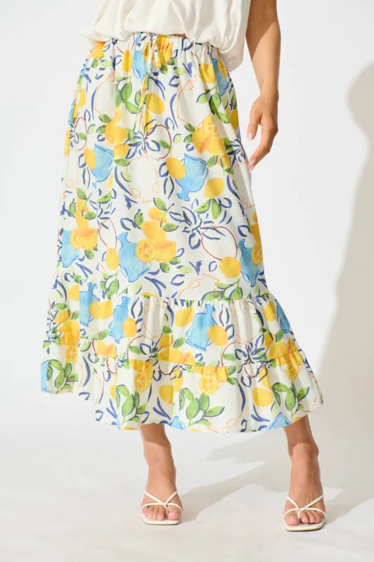 Amabella Midi Skirt in White With Lemon Print Cotton sold by St Frock