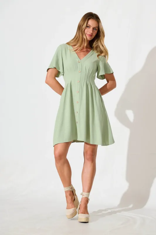 Amaya Dress in Pale Green Linen Blend sold by St Frock