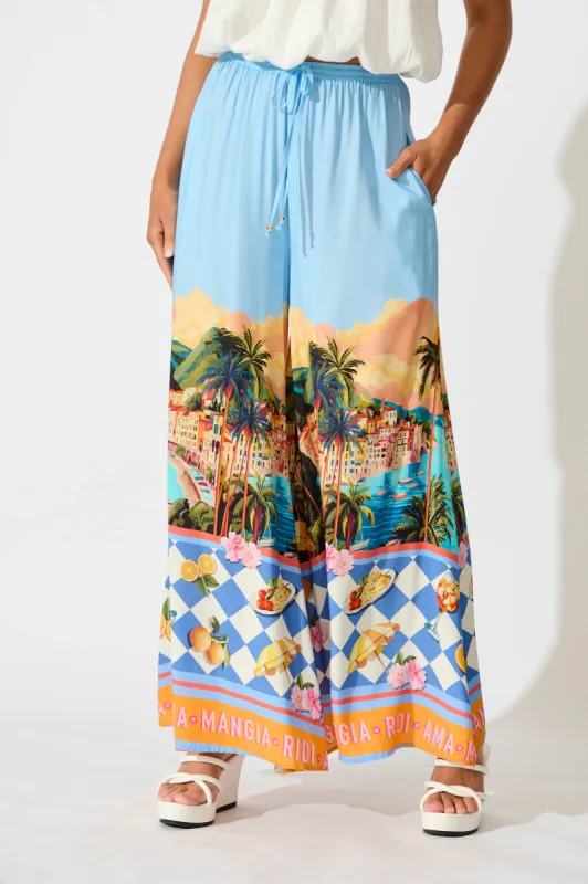 Lucia Pant In Light Blue with Multi Tropical Print sold by St Frock