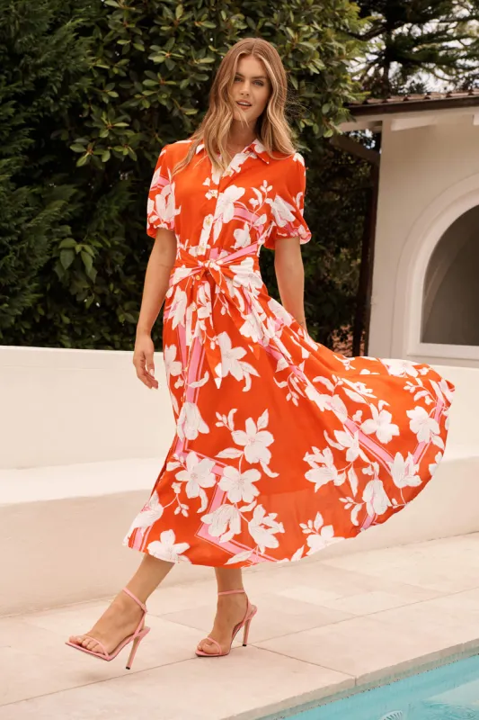 Bella Maxi Shirt Dress in Tangerine with White Floral sold by St Frock