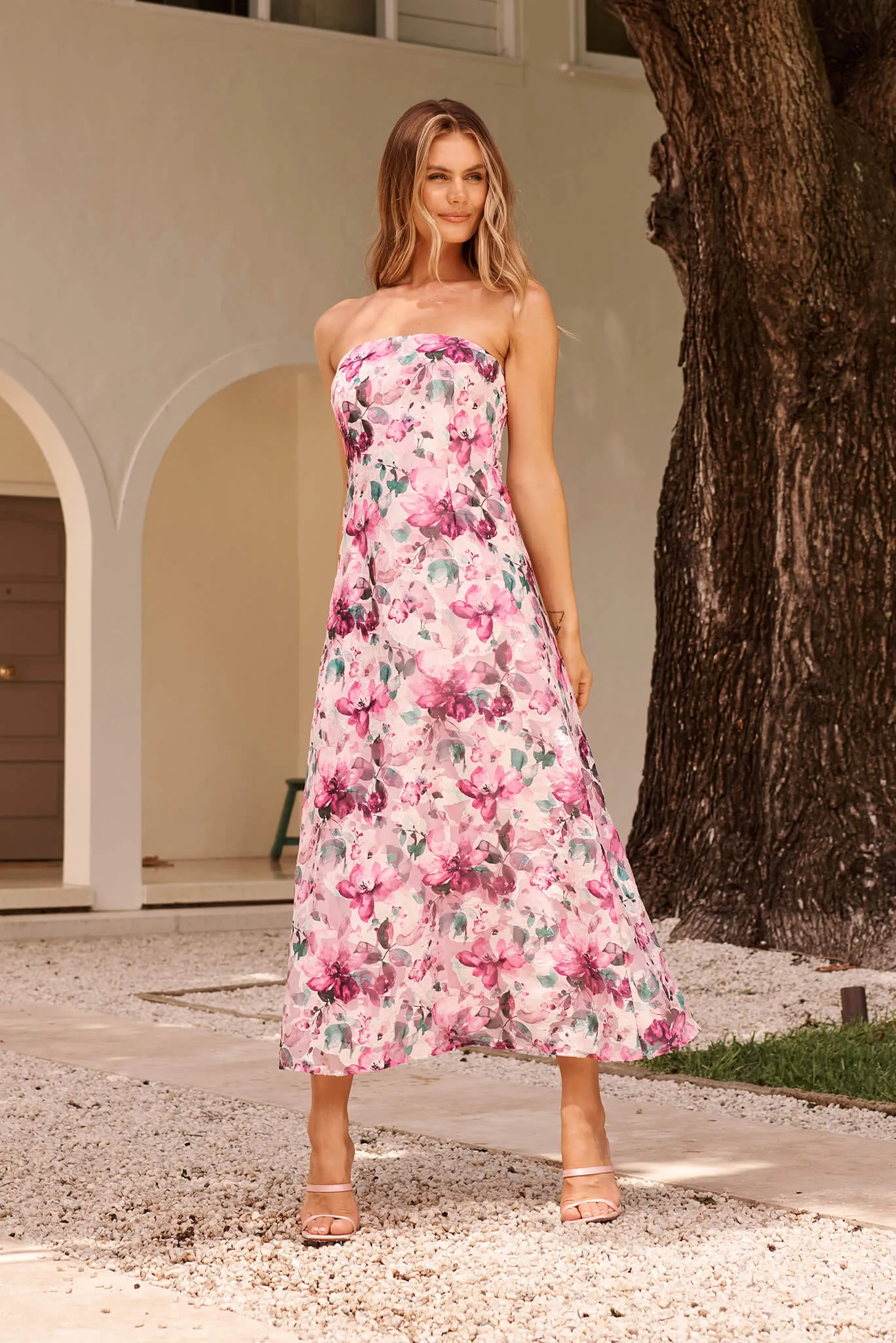 Mon Cherie Maxi Dress in Multi Pink Floral Organza sold by St Frock