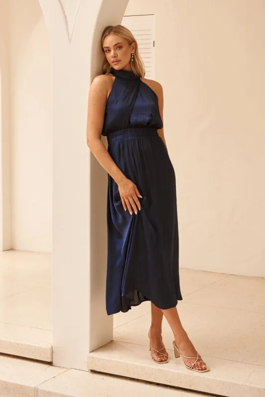 Costa Rica Halter Neck Maxi Dress in Navy Satin sold by St Frock