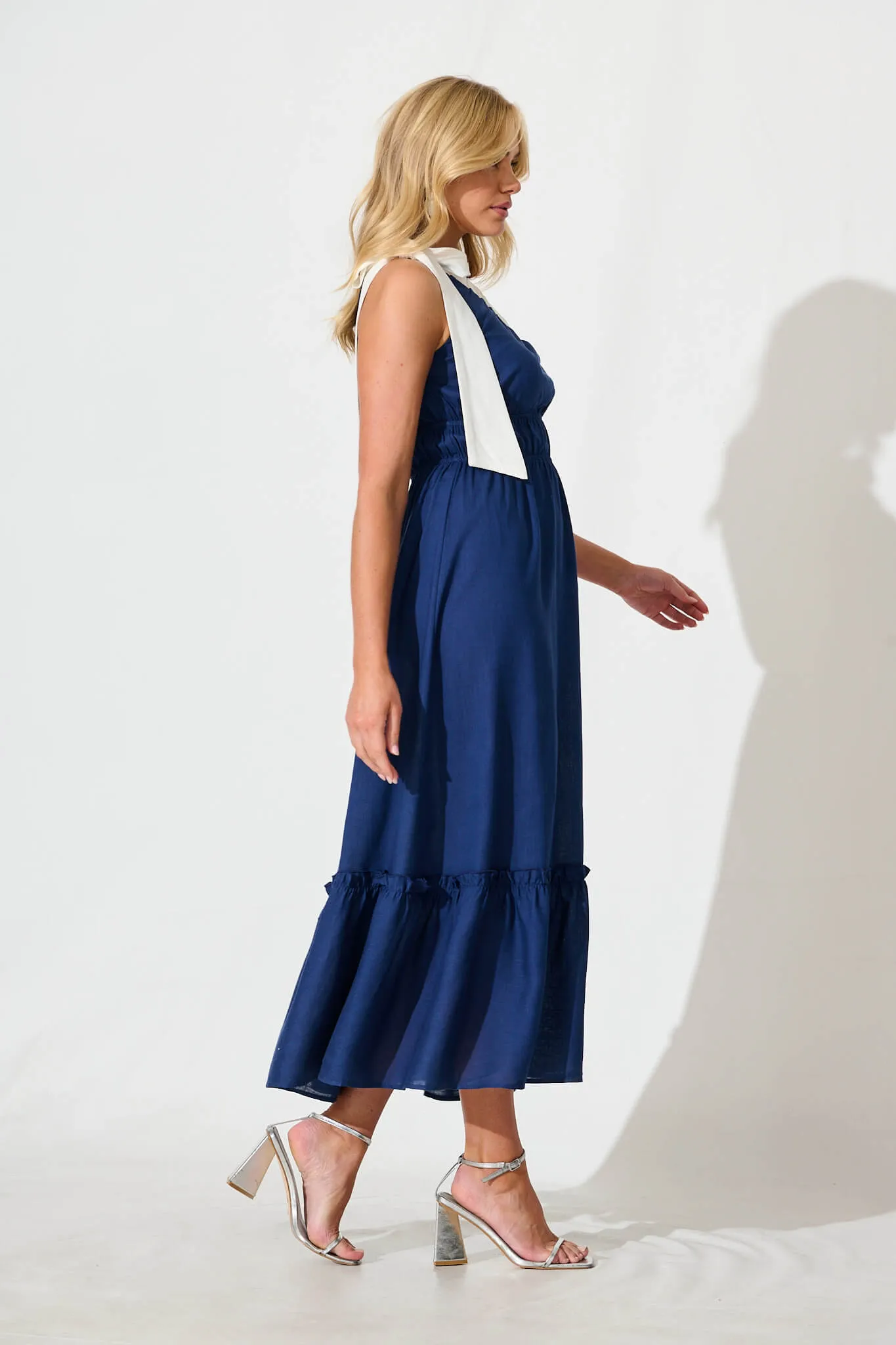 Elika One Shoulder Maxi Dress in Navy with Contrast Trim sold by St Frock product image thumbnail 3