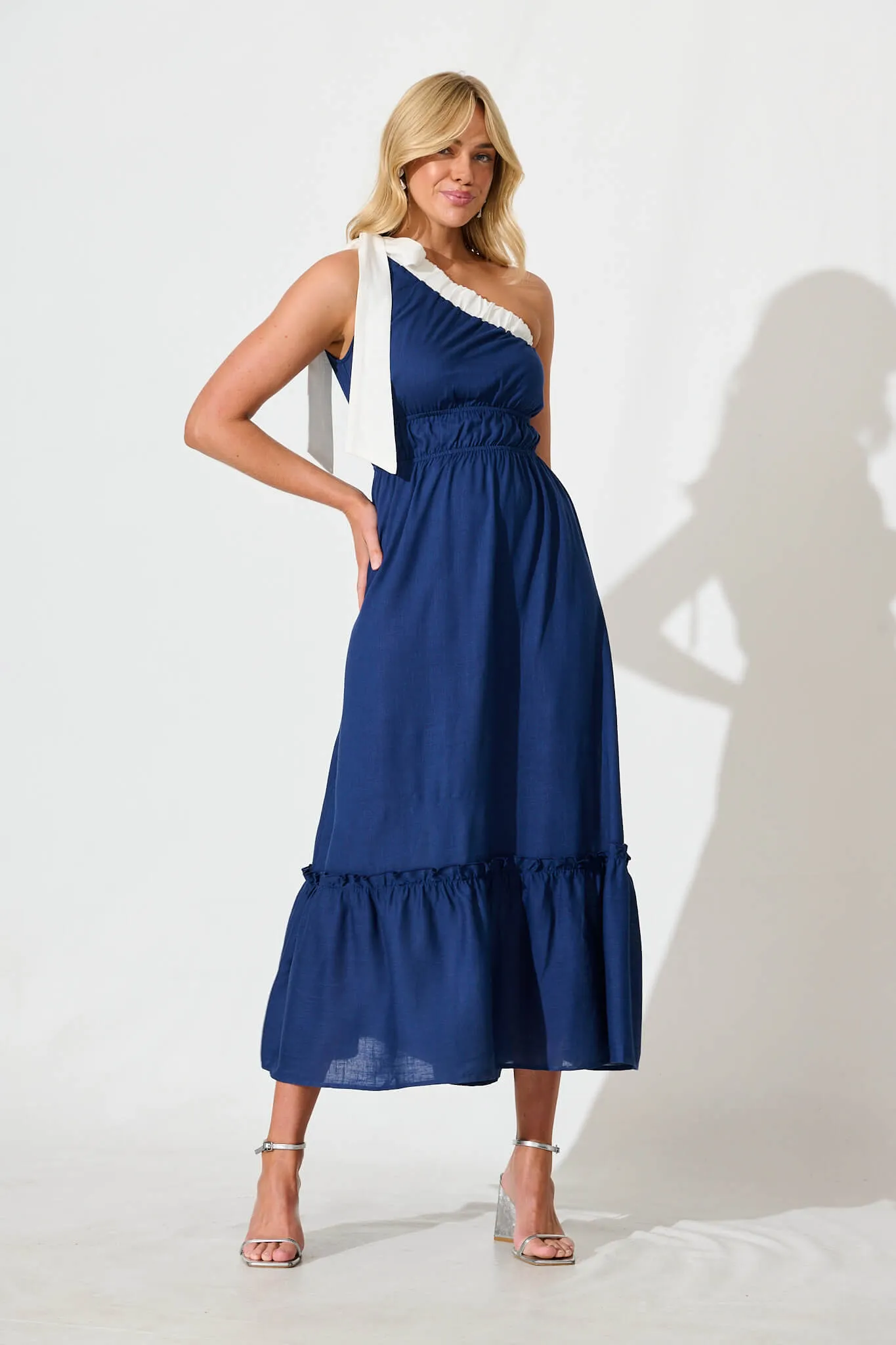 Elika One Shoulder Maxi Dress in Navy with Contrast Trim sold by St Frock