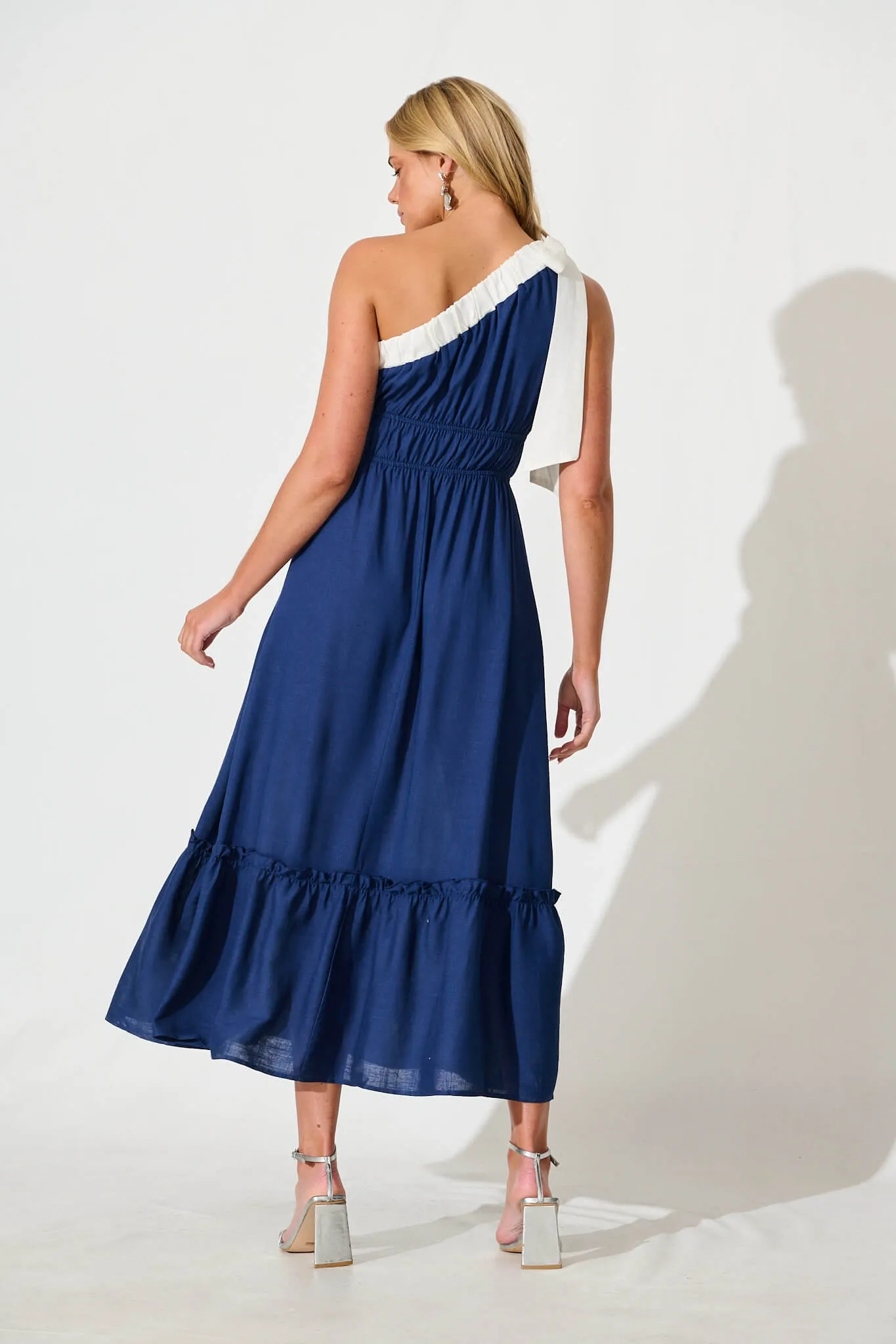 Elika One Shoulder Maxi Dress in Navy with Contrast Trim sold by St Frock product image thumbnail 4