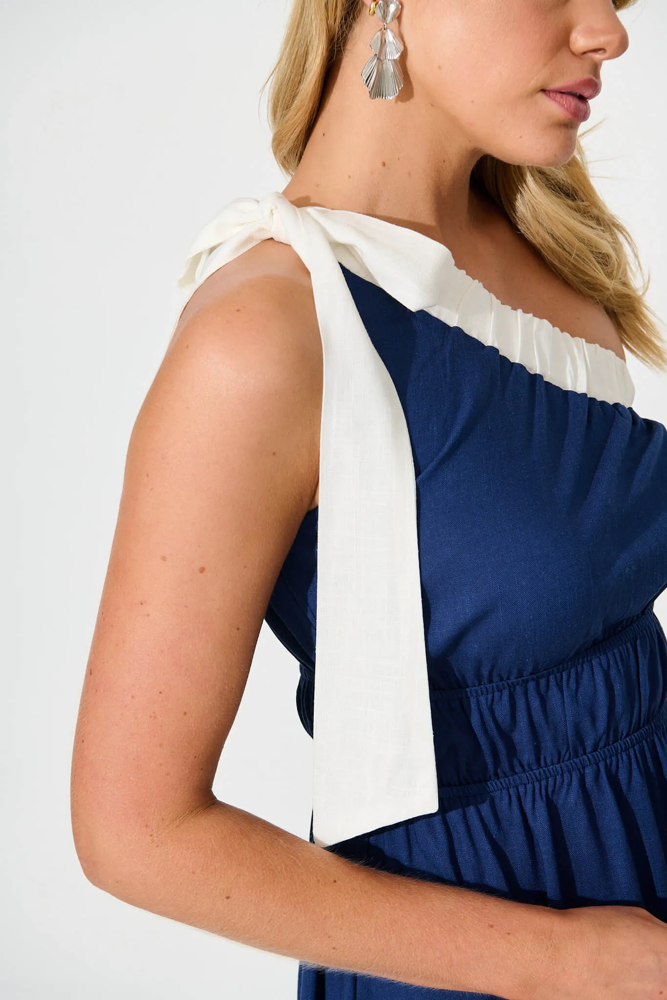 Elika One Shoulder Maxi Dress in Navy with Contrast Trim sold by St Frock product image thumbnail 5
