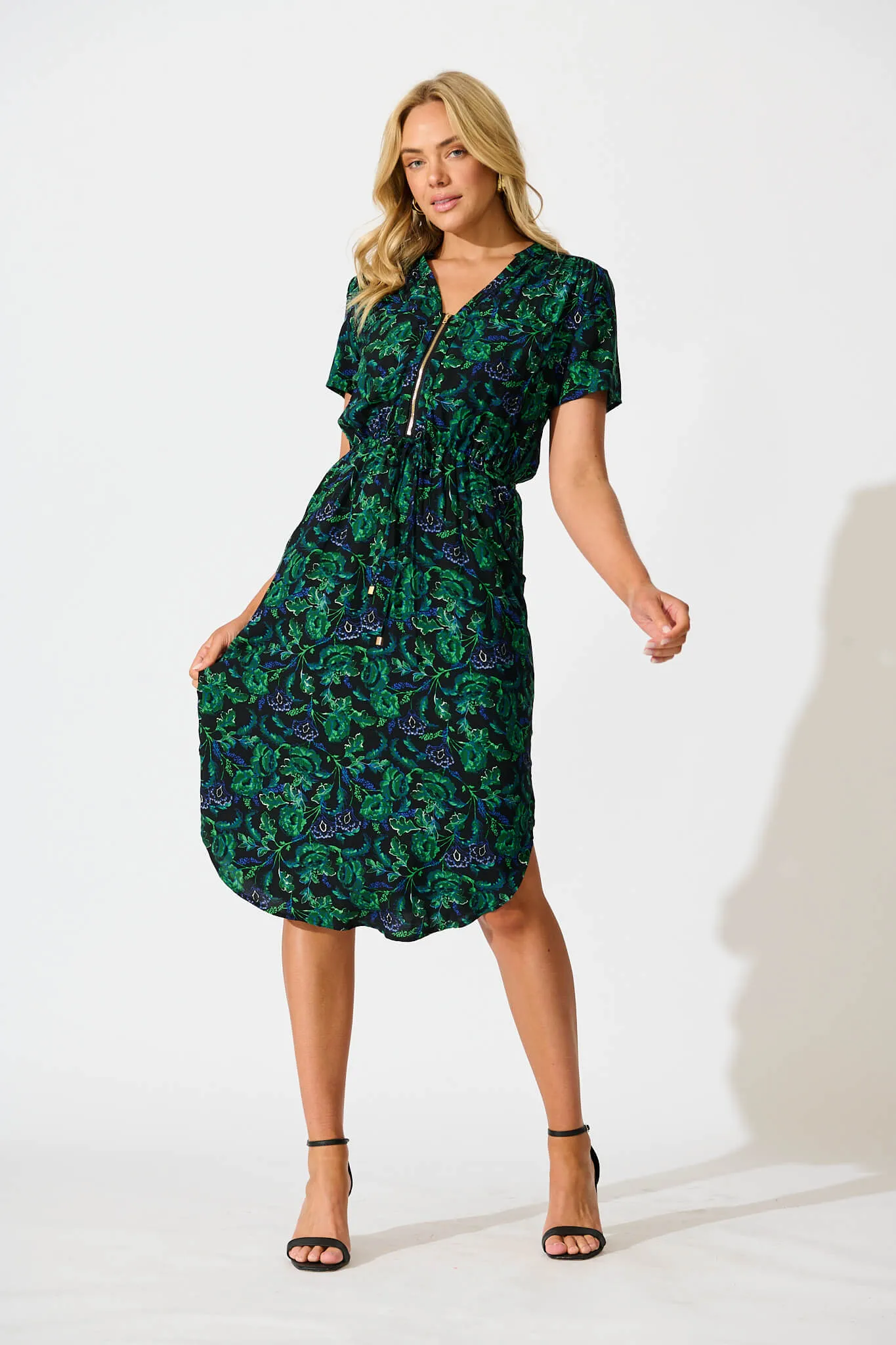 Go Getter Zip Dress in Emerald with Green and Blue Floral sold by St Frock