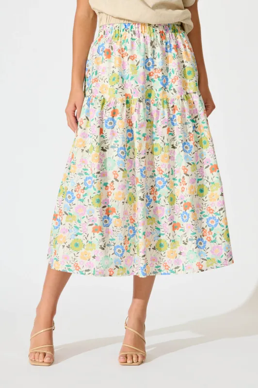 Finola Midi Skirt in White Multi Floral Print Cotton sold by St Frock
