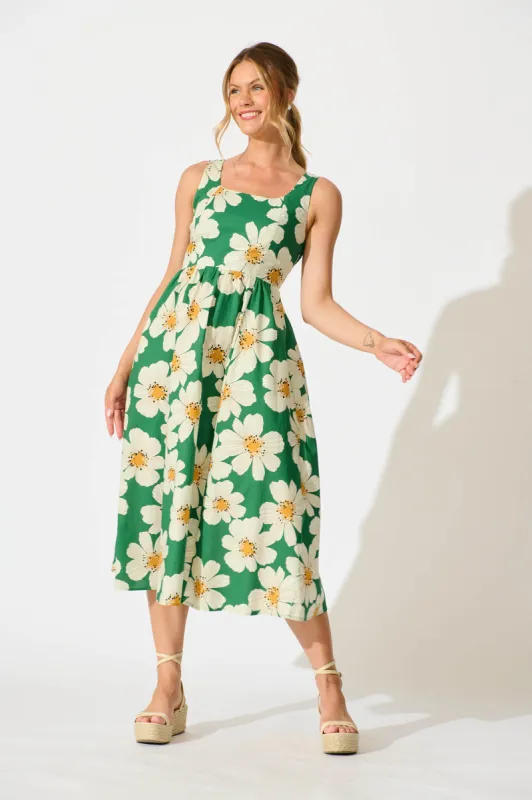 Moreno Midi Dress in Green with White Flower Print Cotton sold by St Frock