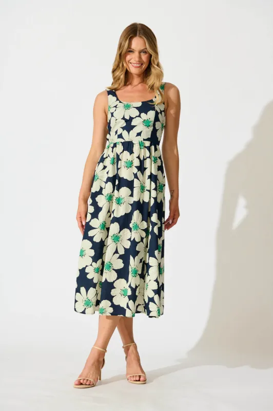 Moreno Midi Dress in Navy with White Flower Print Cotton sold by St Frock