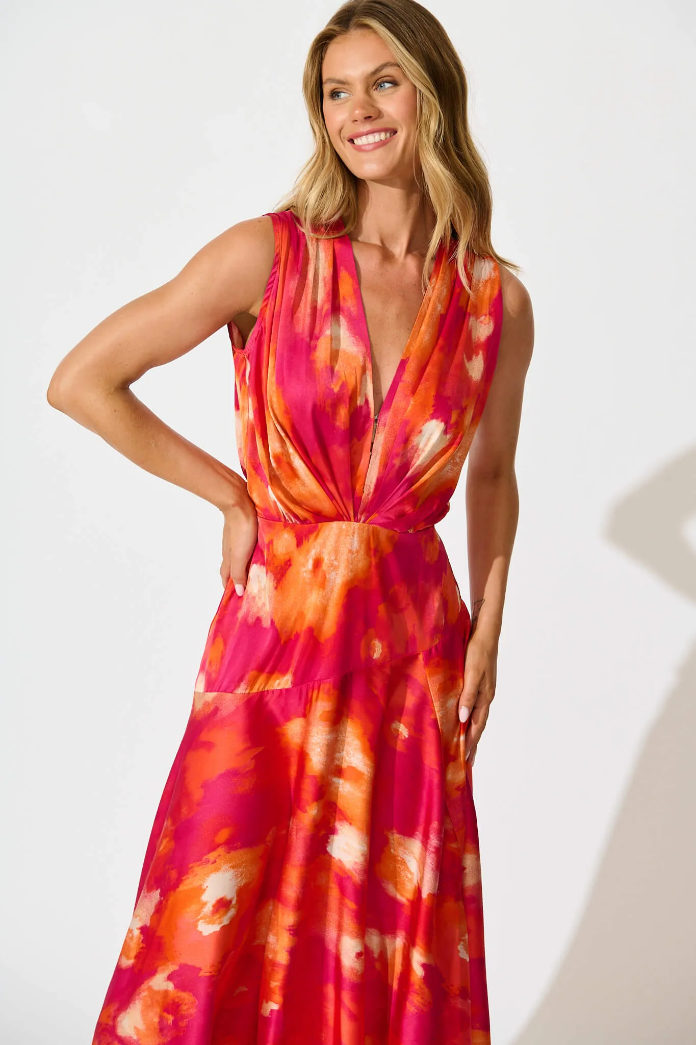 Jenibelle Maxi Dress in Hot Pink With Red Watercolour Satin sold by St Frock product image thumbnail 2