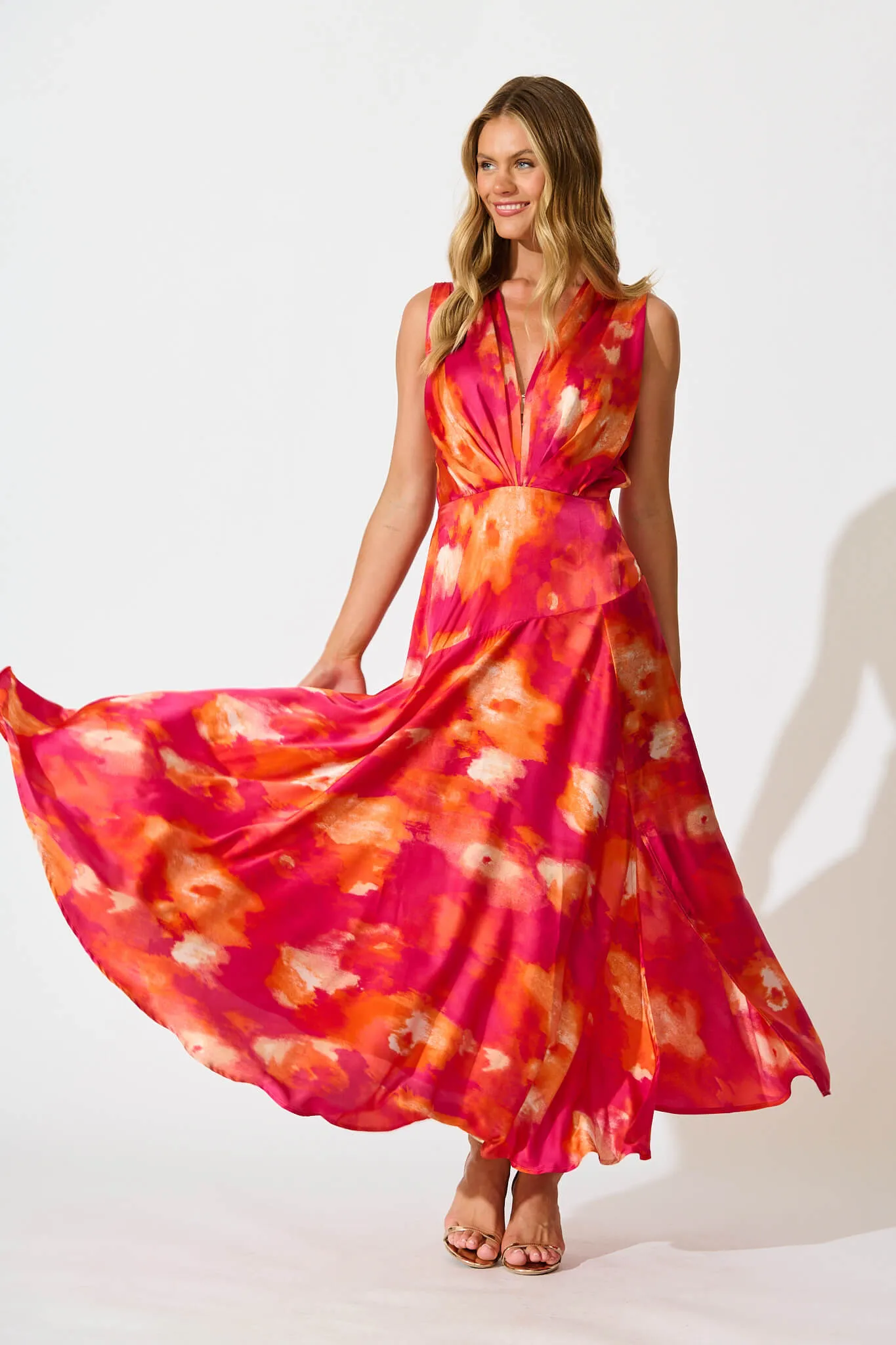 Jenibelle Maxi Dress in Hot Pink With Red Watercolour Satin sold by St Frock