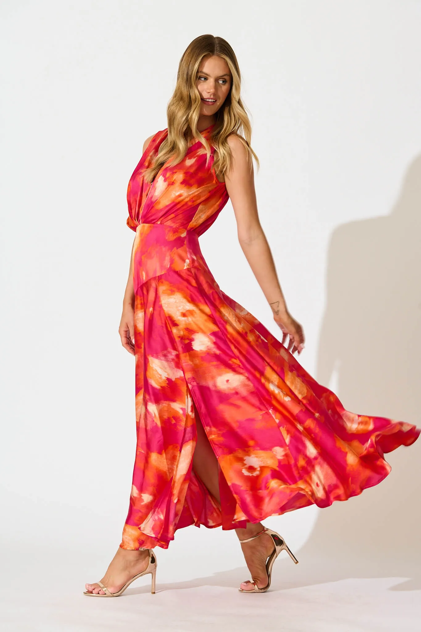 Jenibelle Maxi Dress in Hot Pink With Red Watercolour Satin sold by St Frock product image thumbnail 3