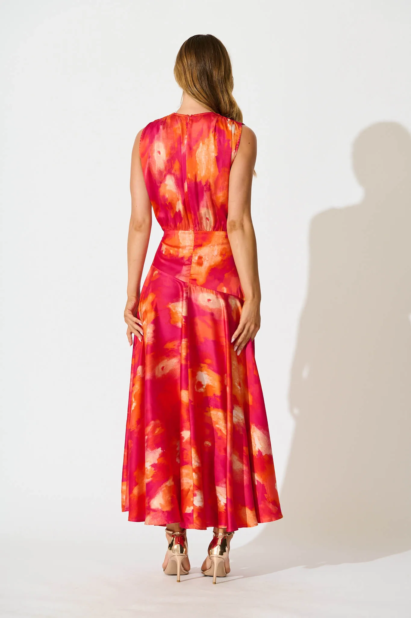 Jenibelle Maxi Dress in Hot Pink With Red Watercolour Satin sold by St Frock product image thumbnail 4
