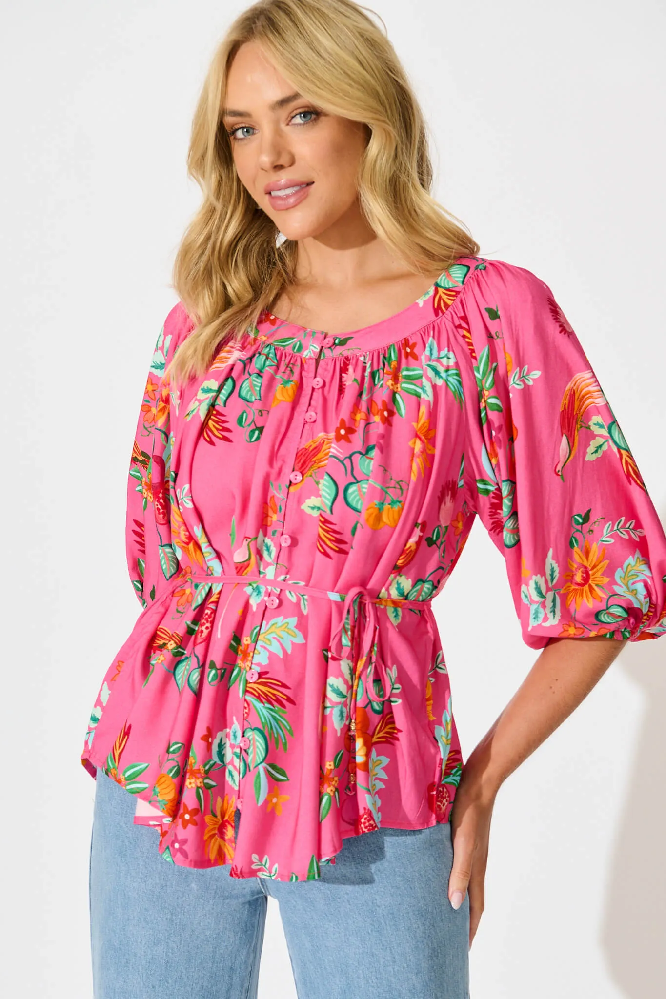 Andie Top in Pink Tropical Print sold by St Frock