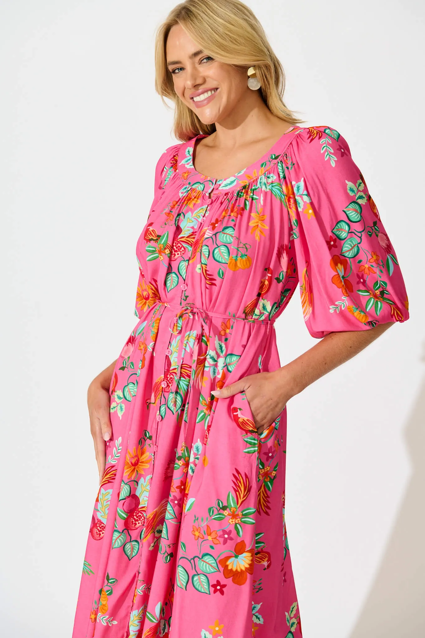 Kali Maxi Dress in Pink Tropical Print sold by St Frock product image thumbnail 2