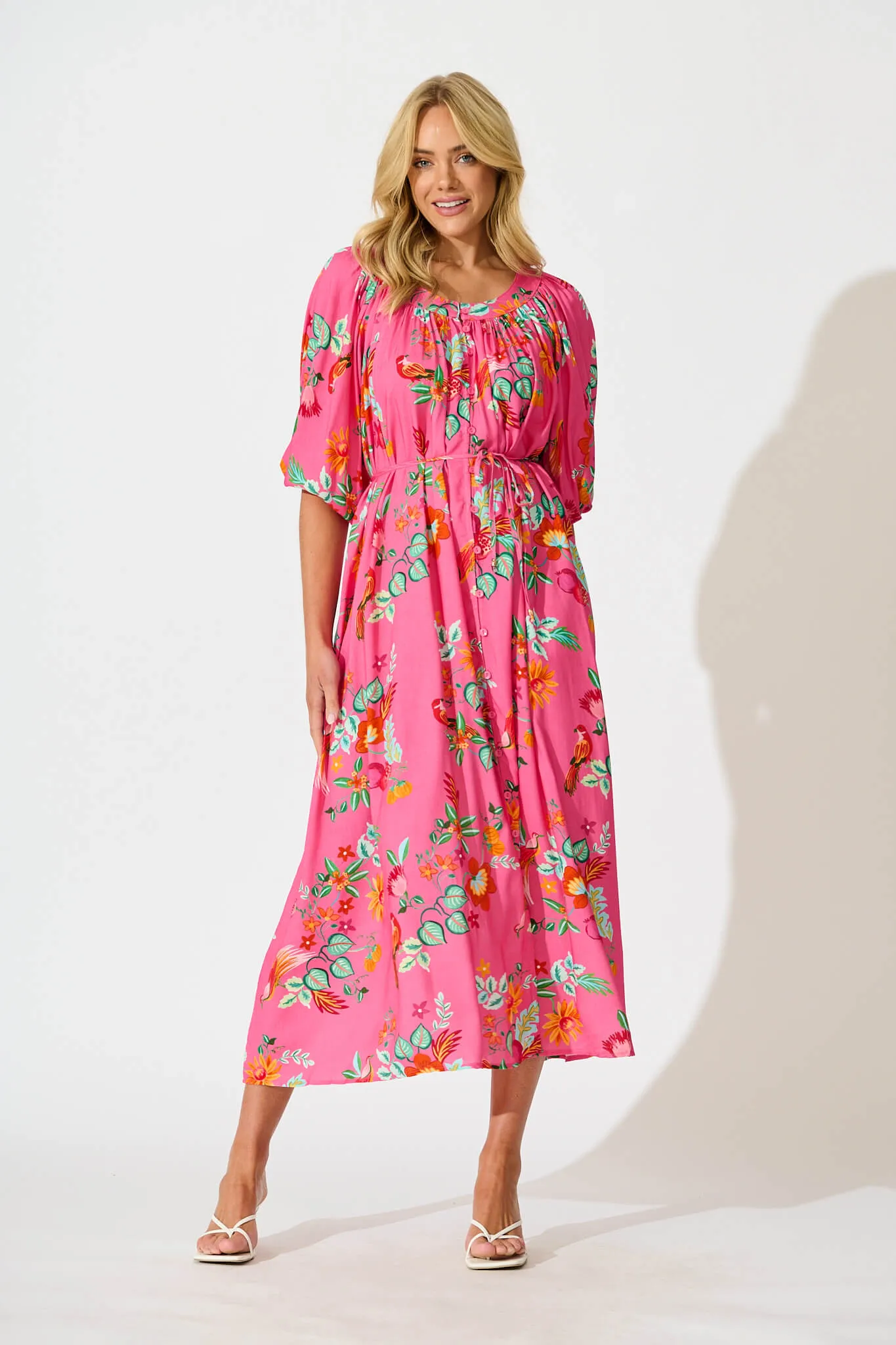 Kali Maxi Dress in Pink Tropical Print sold by St Frock