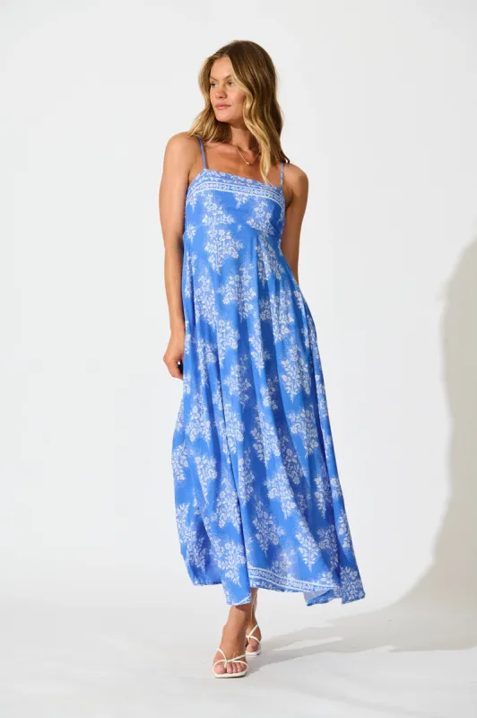 Willa Maxi Sundress In Blue with White Floral sold by St Frock
