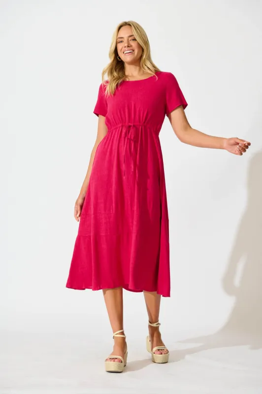 Mary Midi Dress In Fuchsia Linen Blend sold by St Frock