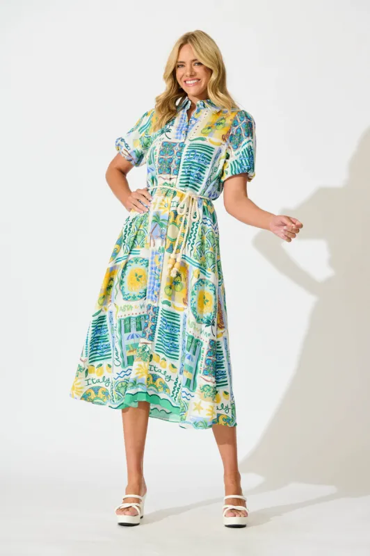 Dearest Midi Shirt Dress In Green Multi Border Print sold by St Frock