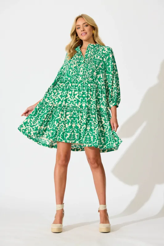 Caracelle Smock Dress In White With Green Print sold by St Frock