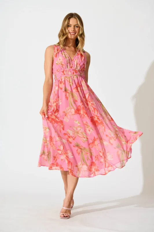 Solena Maxi Dress In Pink with Red Floral Chiffon sold by St Frock